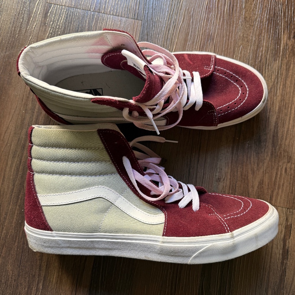 Vans Sk8-Hi High Top Sneakers in Burgundy and White